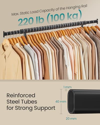 SONGMICS Clothes Rack with Wheels, Heavy-Duty, 220 lb Load Capacity - color: Black, size: 17.7"D x (36.2"-52")W x 63.6"H