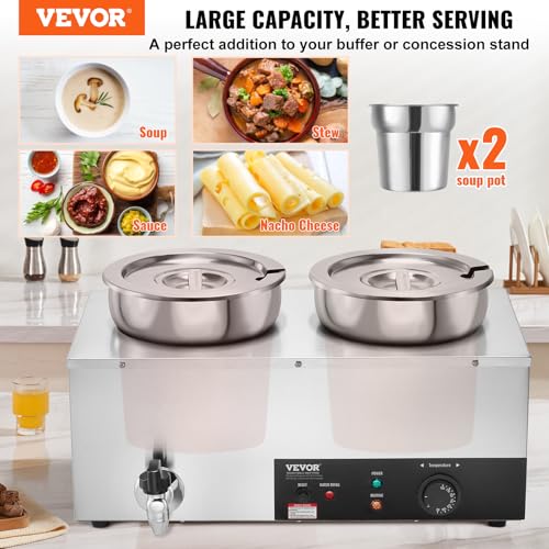 ETL Listed Electric Soup Warmer, Dual 7.4QT Stainless Steel Round Pot 86~185°F Adjustable Temp, 1200W Commercial Bain Marie with Anti-Dry Burn, Soup Station for Restaurant, Buffet, Silver - size: 2-Pot