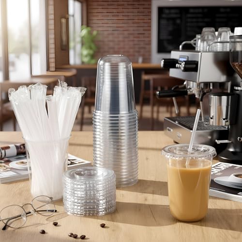 Ziliny 50 Pack 16 oz Clear Plastic Cups with Lids and Straws Disposable Iced Coffee Cups Round Bottom To carry Cup for Coffee Smoothie Cold Drinks Juice Milkshake Tea (Clear) - color: Clear, size: 16 oz