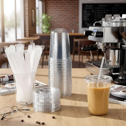 Ziliny 50 Pack 16 oz Clear Plastic Cups with Lids and Straws Disposable Iced Coffee Cups Round Bottom To carry Cup for Coffee Smoothie Cold Drinks Juice Milkshake Tea (Clear) - color: Clear, size: 16 oz