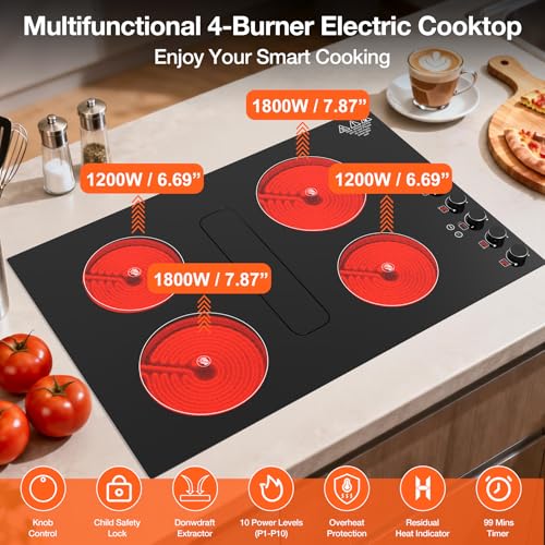 30" Electric Cooktop with Downdraft – 4 Burner 6000W Built-in Electric Stove, BBQ Bridge Burner, Timer, Safety Lock, Recirculating Vent (220V-240V) - color: Black 4 Burner Electric Cooktop