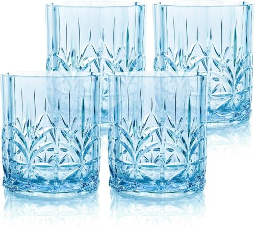 BELLAFORTE Shatterproof Tritan Plastic Short Tumbler, Set of 4, 13oz - Myrtle Beach Unbreakable Crystal Cut Old Fashioned Drinking Glasses for Whiskey - BPA Free - Dishwasher Safe - Blue - color: Blue