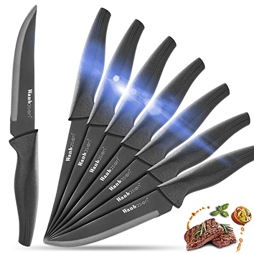 Wanbasion Black Non Serrated Steak Knives Set, Steak Knife Set Dishwasher Safe, Sharp Steak Knives Set for Kitchen with Ergonomic Handles - color: Blackness