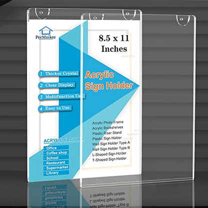 PecMuikee Acrylic Sign Holder 8.5x11 Vertical, Wall Mount Acrylic Sign Holder and Plastic Paper Display Ad Frame bonus with 3M Tape and Mounting Screws for Restaurants, Office, Market, Library, Store, 2 Pcs