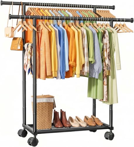 Sakugi Rolling Double Rod Clothes Rack with Shelf, 39" x 17" x 60", Black - color: Black, size: 39" x 17" x 60"