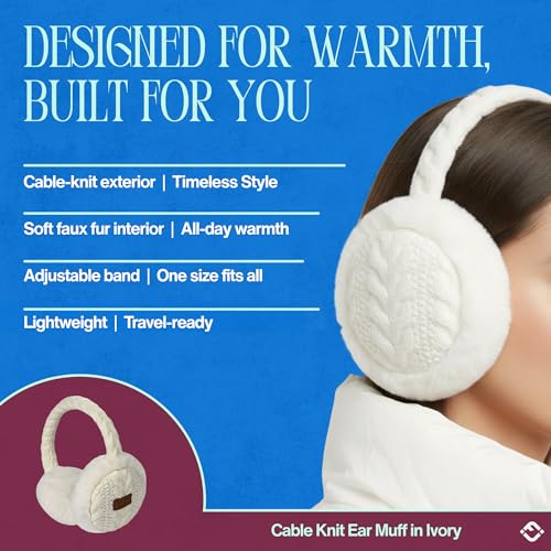 Funky Junque Women’s Winter Earmuffs - Cable Knit & Sequin - color: Cable Knit - Ivory
