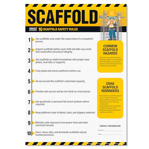 Scaffold Safety Poster – OSHA Scaffold Rules Chart, 10 Safety Guidelines for Construction, Fall Protection, Hazard Awareness & Jobsite Training - size: Scaffold