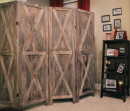 Premium Home 4-Panel Room Divider, Rustic Brown Barn Door X-Pattern Screen - color: Barnwood Brown - X Pattern - 4 Panel