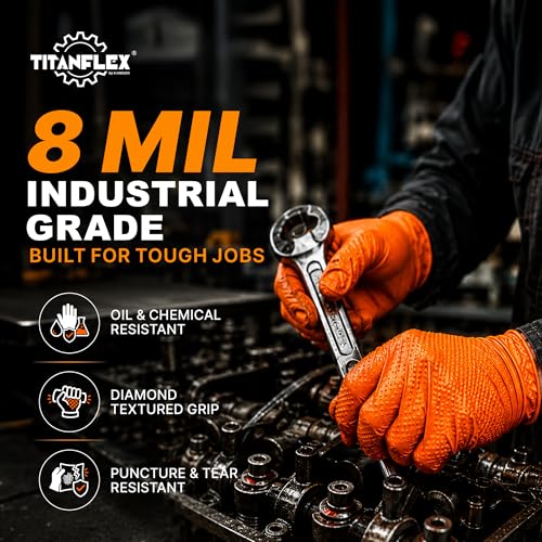TitanFlex Heavy Duty Industrial Orange Nitrile Gloves, 8-mil, Gloves Disposable Latex Free with Raised Diamond Texture Grip, Powder Free, Rubber Glove, Mechanic Gloves,100-ct Box (Small) - color: 8-mil (100-ct), size: Small