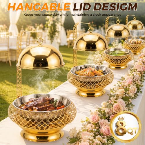8QT Gold Chafing Dish Buffet Set with Hanging Lid, Luxury Stainless Steel Food Warmer, Elegant Hollow-Out Design Catering Server for Weddings, Parties, Hotel, Banquets, Christmas & Home Entertaining - color: Gold02