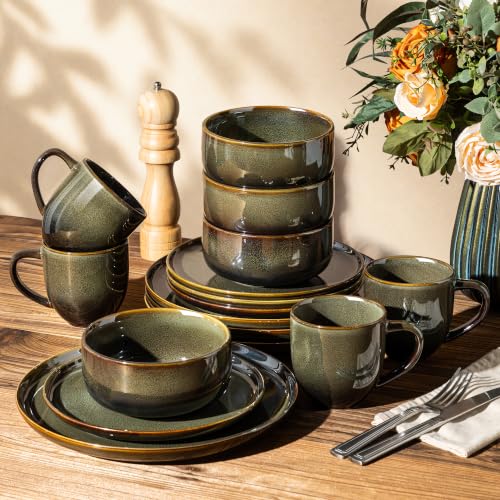 TheTerra Ceramic Dinnerware Set for 4, 16-Piece Plates and Bowls Set - color: Olive Green, size: Set (16pcs C)