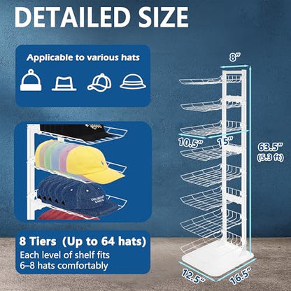 Hat Display 8 Tier, Hat Rack Stand Up to 64 Caps, Metal Hat Stands for Multiple Hats, Commercial Retail Hats Display, White - color: White
