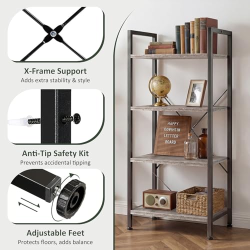 4 Tier Bookshelf, Free Standing Bookcase with Open Storage Shelves - color: Grey Wood, size: 4 Tier