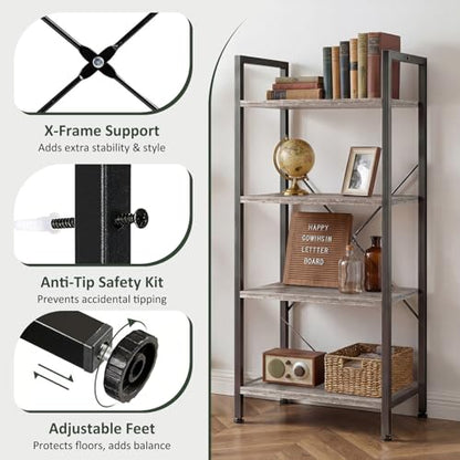 4 Tier Bookshelf, Free Standing Bookcase with Open Storage Shelves - color: Grey Wood, size: 4 Tier