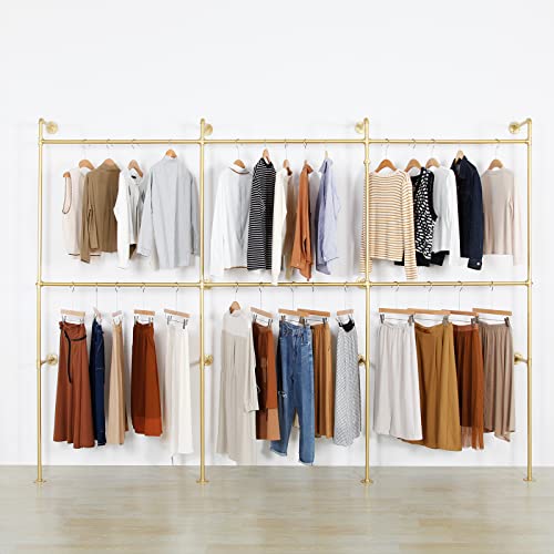 Wall Mounted Industrial Pipe Clothing Garment Racks, Metal Clothing Store Display Stands Clothes Rack Multi-purpose Heavy Duty Hanging Rod for Closet Storage, 134in Gold - color: III-Gold