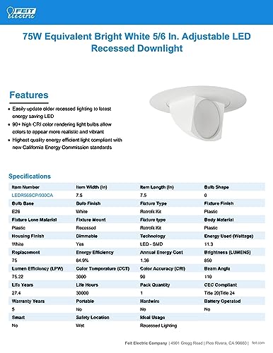Feit Electric 5/6 Inch LED Directional Downlight, 75W Eq, Bright White - color: Bright White, size: 5-6 Inch (Pack of 1)