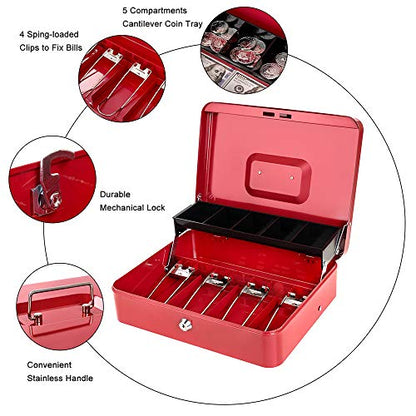 Cash Box with Lock Key and Money Tray, Large Money Box for Cash Register - color: Red