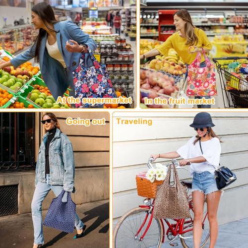 6 Pcs Reusable Shopping Bags Foldable,Grocery Bags in Pocket,Waterproof and Machine Washable,Eco-friendly Travel Recycle Polyester Tote Bags for Daily Shopping Supplies load