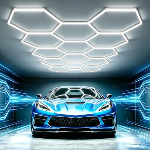 Bevenus Hexagon Garage Lights, 399W 6500K Super Bright LED Ceiling Light, Easy Install DIY Honeycomb Hex Light for Basement Workshop Warehouse Gym Car Detailing Shop (14 Grids) - size: 14 Grids