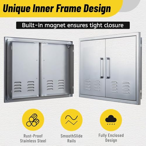 Outdoor Kitchen Doors, 30x21 Inch 304 Stainless Steel BBQ Access Door with Vent, Double Steel Doors for Outdoor Grill Island - size: 30W x 21H