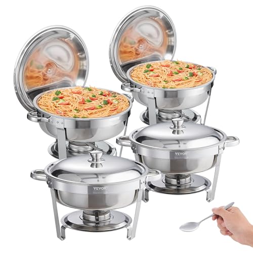 VEVOR Chafing Dish Buffet Set, 5 Qt 4 Pack, Stainless Steel Chafer with Full Size Pan, Round Catering Warmer Server with Lid Water Pan Stand Fuel Holder Cover Holder Spoon, for at Least 6 People Each - color: Silver, size: 4packs 6QT
