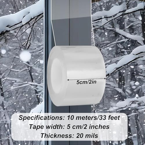 Transparent Window Weather Sealing Tape, 2in x 33ft/5cm x 10m Weather Stripping Residue-Free Clear Window Insulation Tape for Doors Windows Shower Glass Gaps