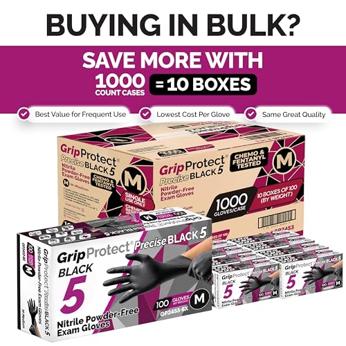 GripProtect Precise 5 Mil Black Nitrile Gloves, Chemical Resistant Gloves - size: M