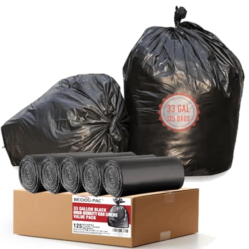 BEIDOU-PAC 33 Gallon Trash Bags, 125 Count, Black Garbage bags, Multi-purpose Trash Can Bin Liners for Home Commercial, Outdoor, Construction, Industrial, Janitorial, Municipal, Lawn, Leaf - style: 33 Gallon |12 Micron |125 Count