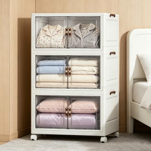 3 Pack 378.6QT Foldable Storage Bins with Magnetic Doors & Lockable Wheels, Tool-Free Large Plastic Stackable Organizer Box for Bedroom Kitchen Bathroom Dorm Office Garage - size: 3PACK-27.56"W17.91"D47.24"H