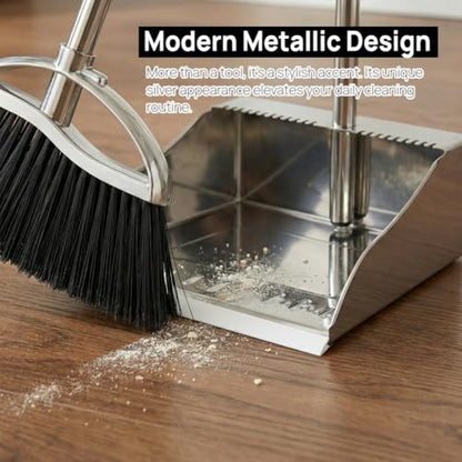 Indoor Broom and Dustpan Comb Set,Heavy Duty Stainless Steel Metal Dust Pan with Long Handle Sweeping Soft Bristles Broom for Floor Home Lobby Office - style: Indoor Broom and Dustpan