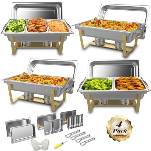 Chafing Dishes for Buffet 4 Pack,Festa Essential 8QT Elegant Gold&Silver Stainless Steel Rectangular Catering Chafers Food Warmer with Full,Half,1/3 Food Pan,Fuel Holder,Foldable Frame For Any Party - size: Golden：1/1 pan*2, 1/2 pan*2,1/3 pan*3