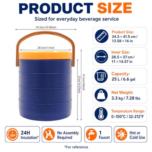 Insulated Beverage Dispenser 3 Gal/6.6Gal, Stainless Steel Commercial Drink Dispenser with Spigot, 24H Hot/Cold Thermal Carafe for Coffee, Tea, Water, Parties (Blue, 6.6Gal/25L) - color: Blue, size: 6.6Gal/25L