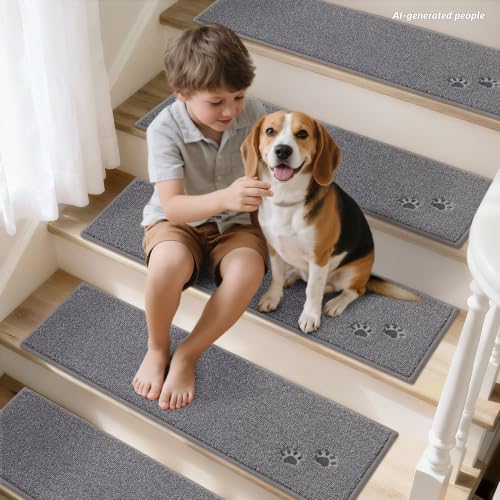 BEQHAUSE Stair Treads Non Slip for Wooden Steps 28" x 9", 4pcs, Grey - color: Grey - Dog Paws, size: 28 in X 9 in (4 Pieces)