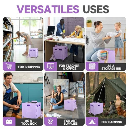 Rolling Crate with Stair Climbing Wheels, Foldable Utility Cart with Detachable Lid & Telescoping Handle, Portable Rolling Cart Tote Basket for Teacher Upstairs Grocery Shopping