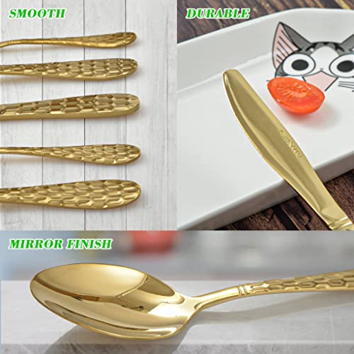 20 Piece Silverware Set for 4, Hammered Silverware Set 18/10 Stainless Steel Tableware Cutlery Flatware Spoons and Forks Set for Home Kitchen Restaurant, Unique Utensils Set Dishwasher Safe (Gold) - color: Gold