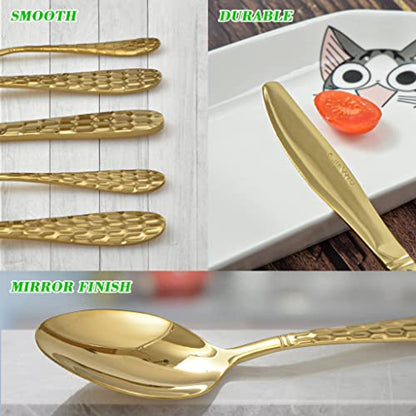 20 Piece Silverware Set for 4, Hammered Silverware Set 18/10 Stainless Steel Tableware Cutlery Flatware Spoons and Forks Set for Home Kitchen Restaurant, Unique Utensils Set Dishwasher Safe (Gold) - color: Gold