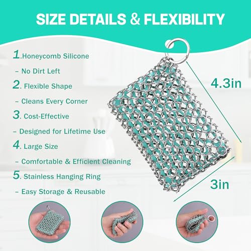 HAUSHOF Cast Iron Scrubber, Chainmail Scrubber Cast Iron Cleaner - color: Seafoam Green