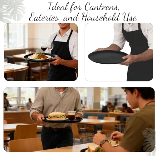 9 Pcs 16 Inch Large Restaurant Serving Trays Black Round Non Slip Plastic Tray with Rubber Lined for Bar Drink Cafeteria Food Coffee Table Hotel Party