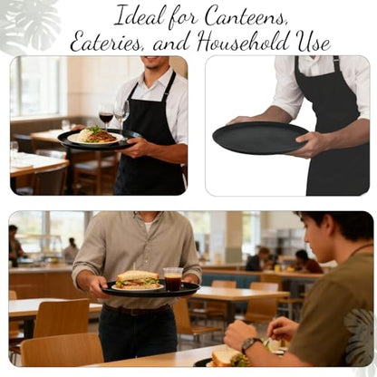 9 Pcs 16 Inch Large Restaurant Serving Trays Black Round Non Slip Plastic Tray with Rubber Lined for Bar Drink Cafeteria Food Coffee Table Hotel Party