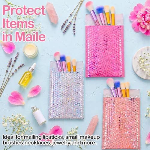 60 Pcs Small Bubble Mailers Cute Holographic Padded Envelopes, 6 x 9.5 Inch Self Seal Waterproof Shipping Bags for Jewelry Makeup Accessories Small Business (Silver Pink Rose Pink)