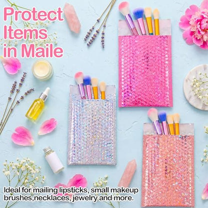 60 Pcs Small Bubble Mailers Cute Holographic Padded Envelopes, 6 x 9.5 Inch Self Seal Waterproof Shipping Bags for Jewelry Makeup Accessories Small Business (Silver Pink Rose Pink)