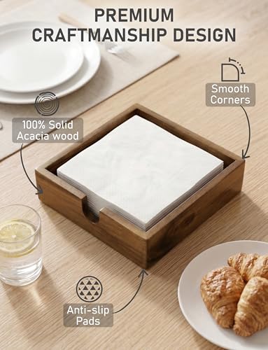 Acacia Lunch Napkin Holder 7.8 x 7.8 inches for Dining Table and Kitchen – Napkin Dispenser Made from Brown Acacia Wood – Premium Quality Feel for Dessert Beverage Party Dinner Luncheon Bar Table - size: 7x7x1.5 Inch Lunch Napkin Holder