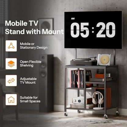 HOOBRO Small TV Stand with Wheels and Mount for 50 Inch TVs, Mobile Rolling TV Stand with Storage Shelves, Small Entertainment Center, for Living Room, Bedroom, Study, Black BB37DS01 - color: Black