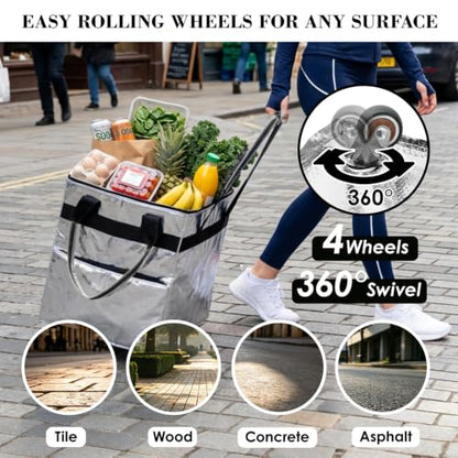 Reusable Grocery Bag on 4 Swivel Wheels, 60L Large Rolling Tote Bag - color: Silver