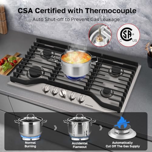 ThermoMate Heavy 36 Inch Gas Cooktop with 5 Italy Sabaf Power Burners, Built In Stove Top of 304 Stainless Steel, Gas Hob NG/LPG Convertible, Cooker with Thermocouple Protection CSA Certified - size: 36 inch 5 burners