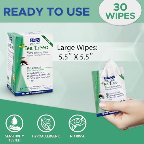 Dr. Fischer Tea Tree Oil Eye Wipes - Eyelid Wipes for Sensitive Eyes with Hyaluronic Acid and Chamomile, Makeup Remover, Daily Cleanser (60 wipes) - size: 30 Count (Pack of 2)