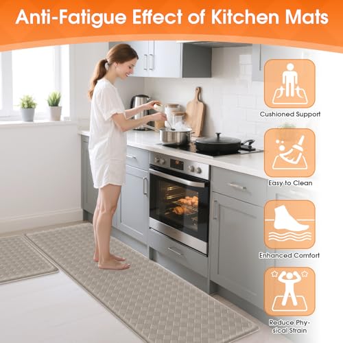 TranquilRelax 2-Piece Kitchen Mats, Cushioned Non-Slip Floor Mats, Taupe - color: Taupe, size: 2-Piece | 30"+59" | Standard