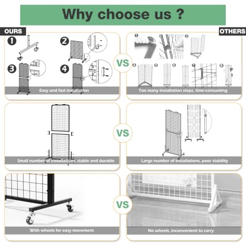 Grid Wall Panels Display Rack with Wheels & 15 Hooks for Retail Craft Show - size: 1pcs