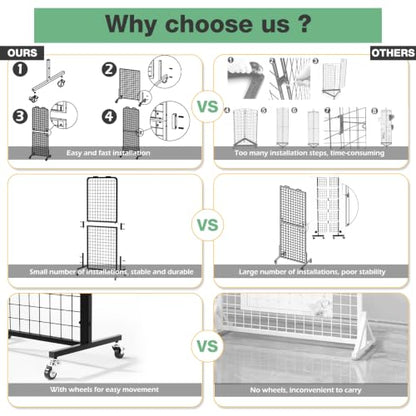 Grid Wall Panels Display Rack with Wheels & 15 Hooks for Retail Craft Show - size: 1pcs