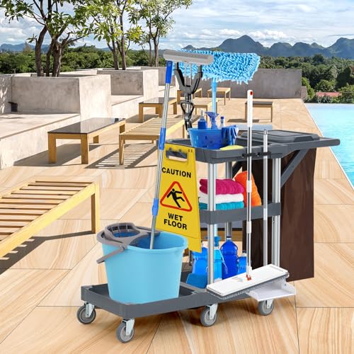 Commercial Janitorial Cart with Wheels,3-Layer Shelves Cleaning Cart,Trash Can Cart,Suitable for Outdoor Commercial, Cleaning or Housekeeping Carts